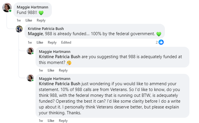 facebook image of senator brown's staff member falsely claiming 988 is adequately funded by the federal government