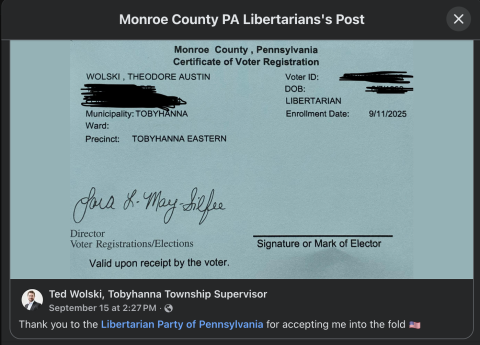 Tobyhanna Township Supervisor Joins Libertarian Party