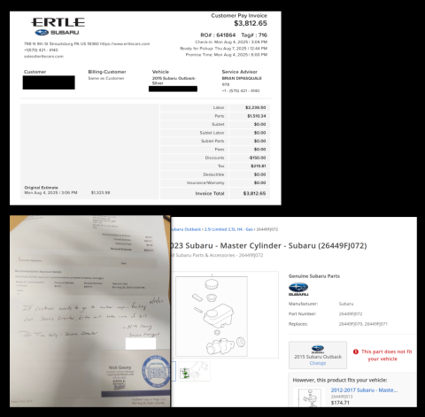 Invoice: $3800 repair bill at Ertle Subaru