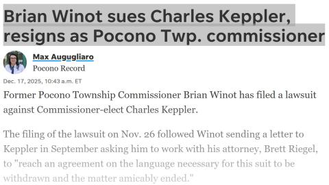 Brian Winot sues Charles Keppler, resigns as Pocono Twp. commissioner
