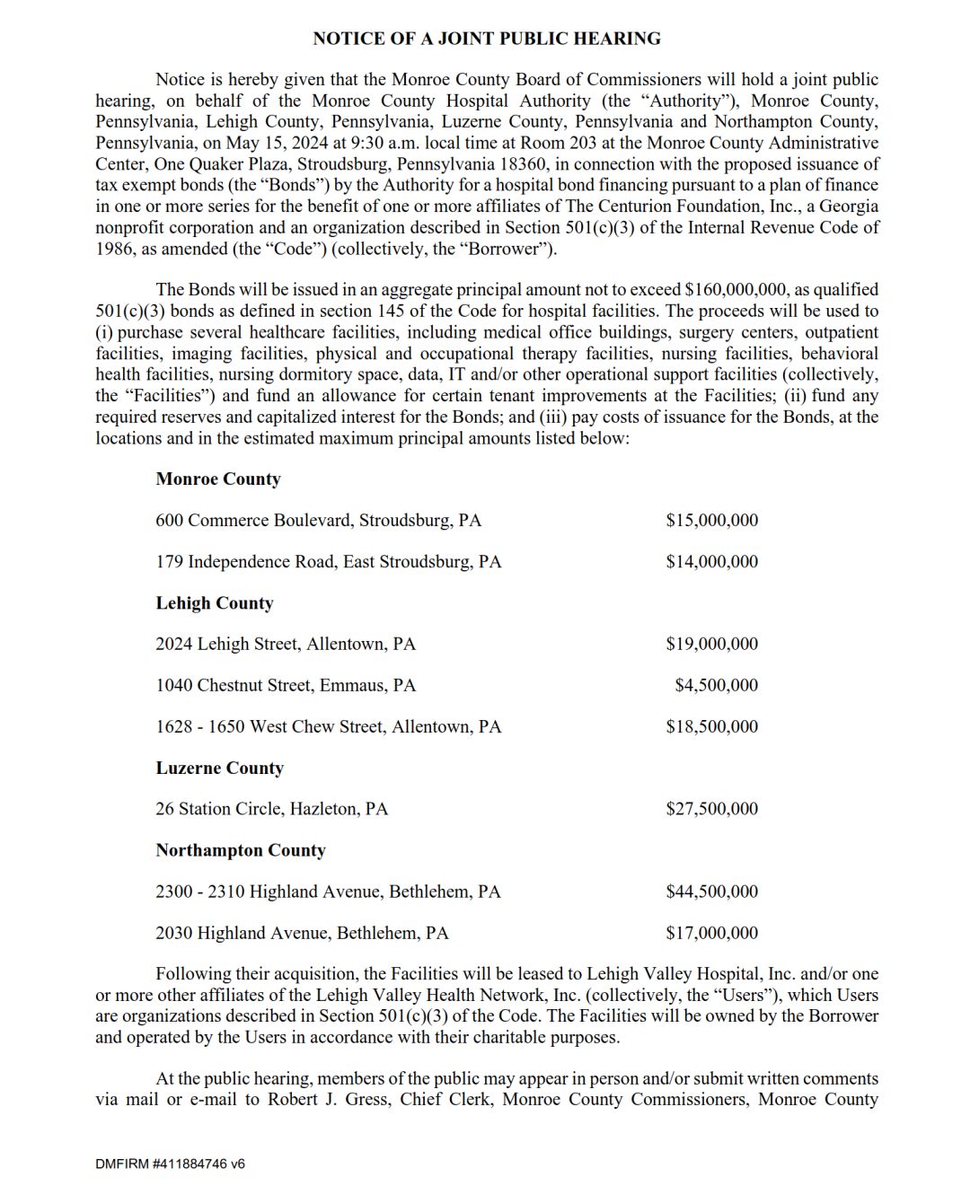 NOTICE OF A JOINT PUBLIC HEARING - Hospital bond financing - The Centurion Foundation, Inc