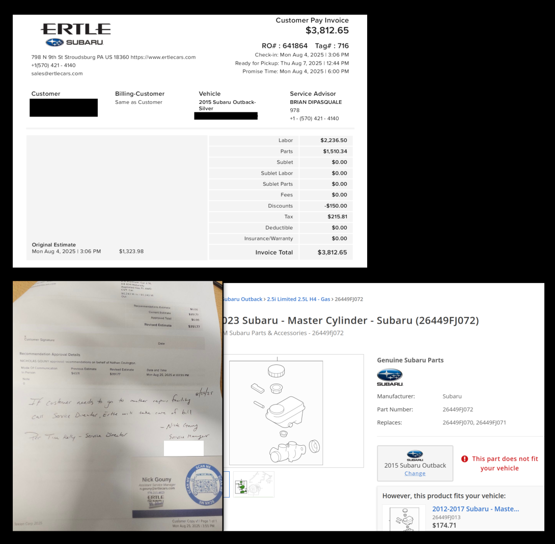 Invoice: $3800 repair bill at Ertle Subaru