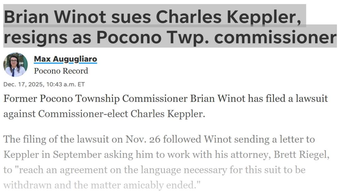 Brian Winot sues Charles Keppler, resigns as Pocono Twp. commissioner