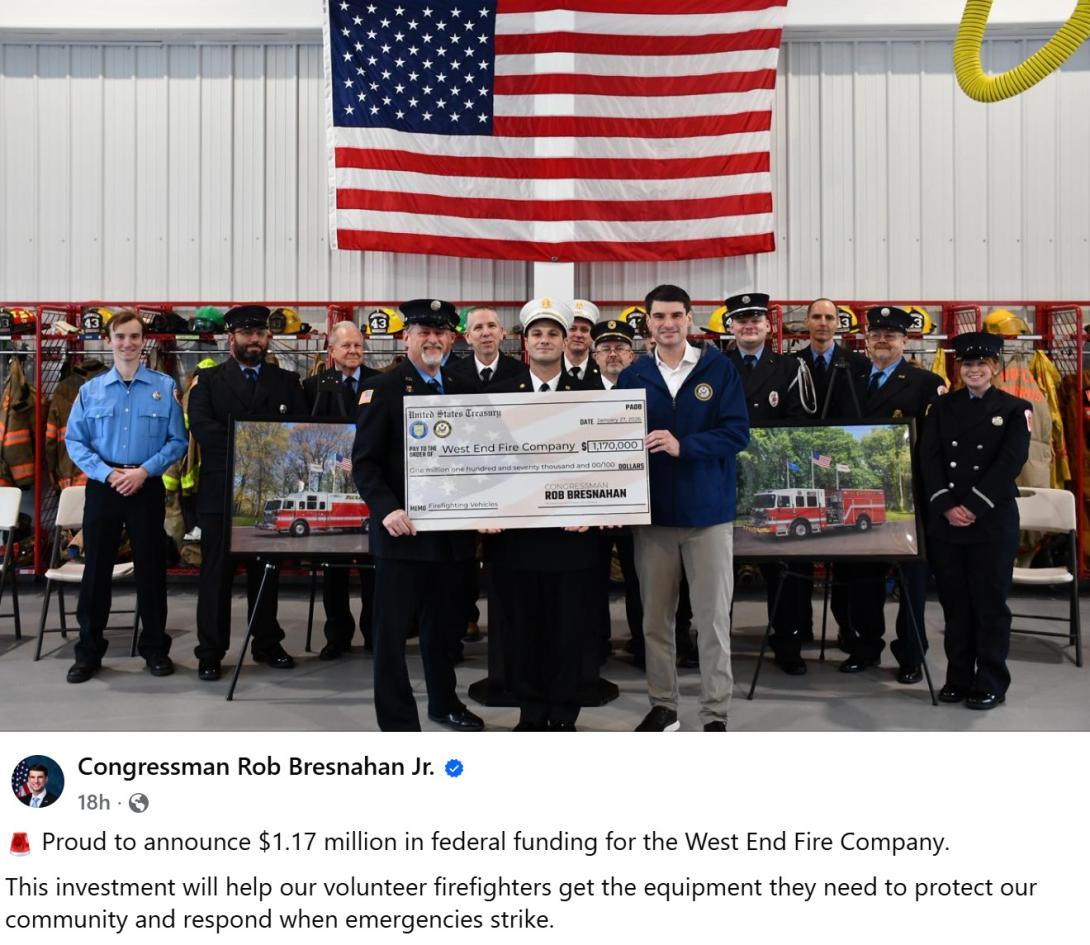 Proud to announce $1.17 million in federal funding for the West End Fire Company.